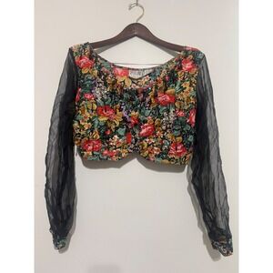 Speed Limit MPH Vintage Floral Beaded Crop Top Sheer Mesh Sleeves‎ Womens Large